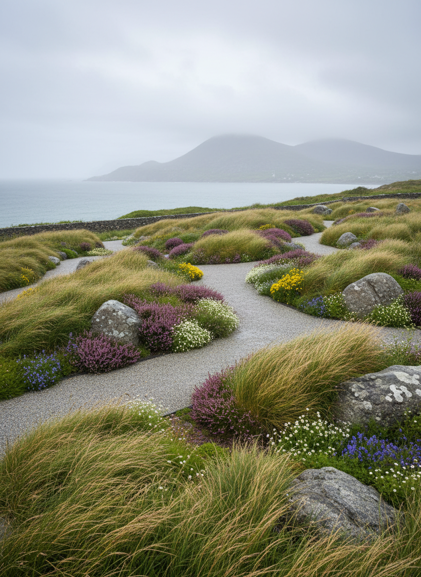 A sweeping Irish coastal garden on a gentle hillside in County Mayo, newly designed to blend with the wild Atlantic landscape. Curving gravel paths weave between softly mounded grasses, mossy stone boulders, and low drifts of native wildflowers, all glistening with a recent light drizzle. In the distance, a muted grey sea and hazy mountains dissolve into mist under an overcast sky. The diffused, rainy light creates even, subdued tones and delicate reflections on wet leaves. Photographic realism, eye-level composition with a wide-angle lens, sharp focus throughout to emphasize structure and planting patterns. The mood is contemplative and sophisticated, showing how landscape design can feel both intentional and utterly natural in a damp, windswept Irish climate.