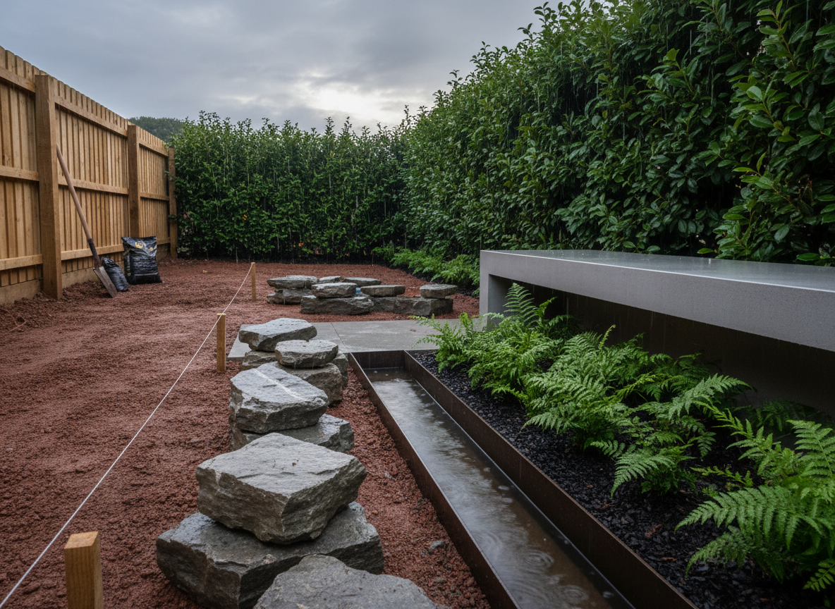 A narrow Irish town garden in Mayo, captured mid-transformation between scrappy backyard and refined contemporary landscape. One side shows raw, exposed soil, stacked local stone, and string lines marking future beds; the other reveals completed elements: a sleek poured-concrete bench, newly planted native ferns, and a simple rill of water reflecting the grey sky. Fine drizzle hangs in the air, visible as tiny streaks against deep green hedging. Overcast evening light lends a soft, silvery quality to surfaces, with subtle highlights on wet stone and metal. Photographic realism, composed using the rule of thirds from an eye-level perspective, drawing the eye along the line where unfinished and finished meet. The mood is hopeful and analytical, emphasizing process, structure, and material choices in small-space landscape design.