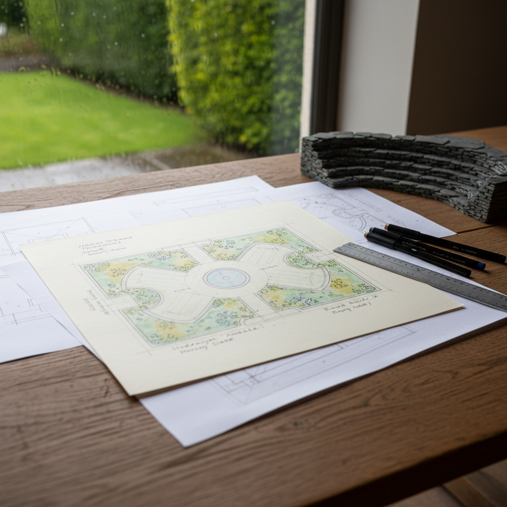 A meticulously detailed landscape design study laid out on a large, weathered wooden table beside a rain-speckled window. A partially rendered site plan of a small Irish courtyard garden is pinned flat, with precise pencil linework, watercolor washes indicating planting zones, and handwritten annotations. Around it lie tracing paper overlays, a metal scale ruler, a set of fine technical pens, and a small model of terraced stone walls made from tiny slate offcuts. Outside the window, a soft Irish drizzle blurs a green, hedged garden. Cool, diffused daylight filters through, creating gentle shadows and a calm, studious atmosphere. Photographic realism, shot from a slightly elevated angle with shallow depth of field that keeps the plan in crisp focus while softly blurring the edges and outdoor background, emphasizing thoughtful student process and learning.